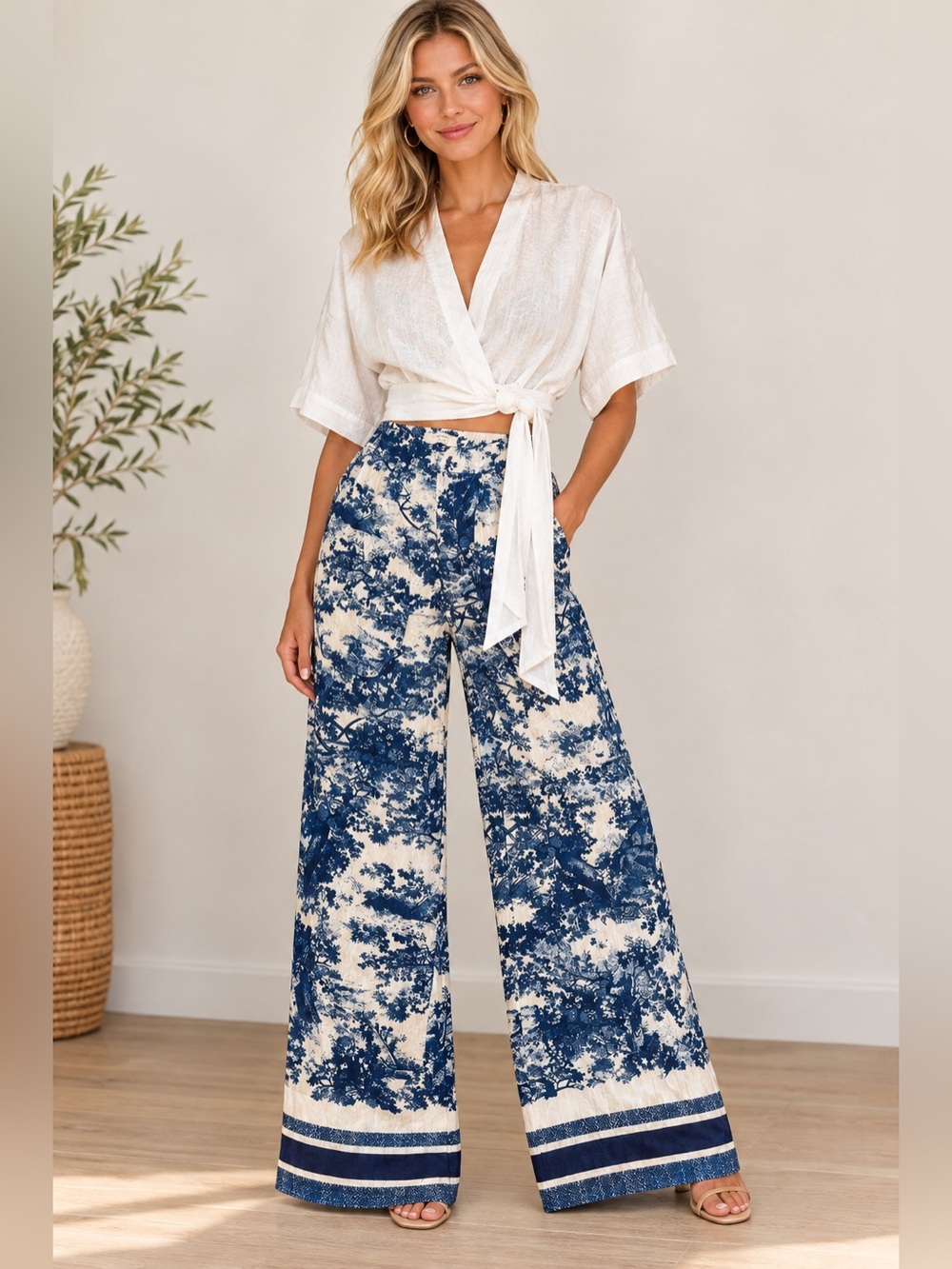 Commense Blue and Cream Wide-Leg Printed Palazzo Pants